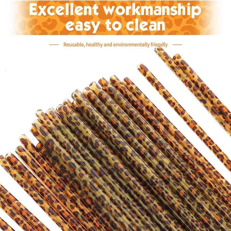 10/20pcs Reusable Leopard Print Plastic Straws – 230mm with Cleaning Brush