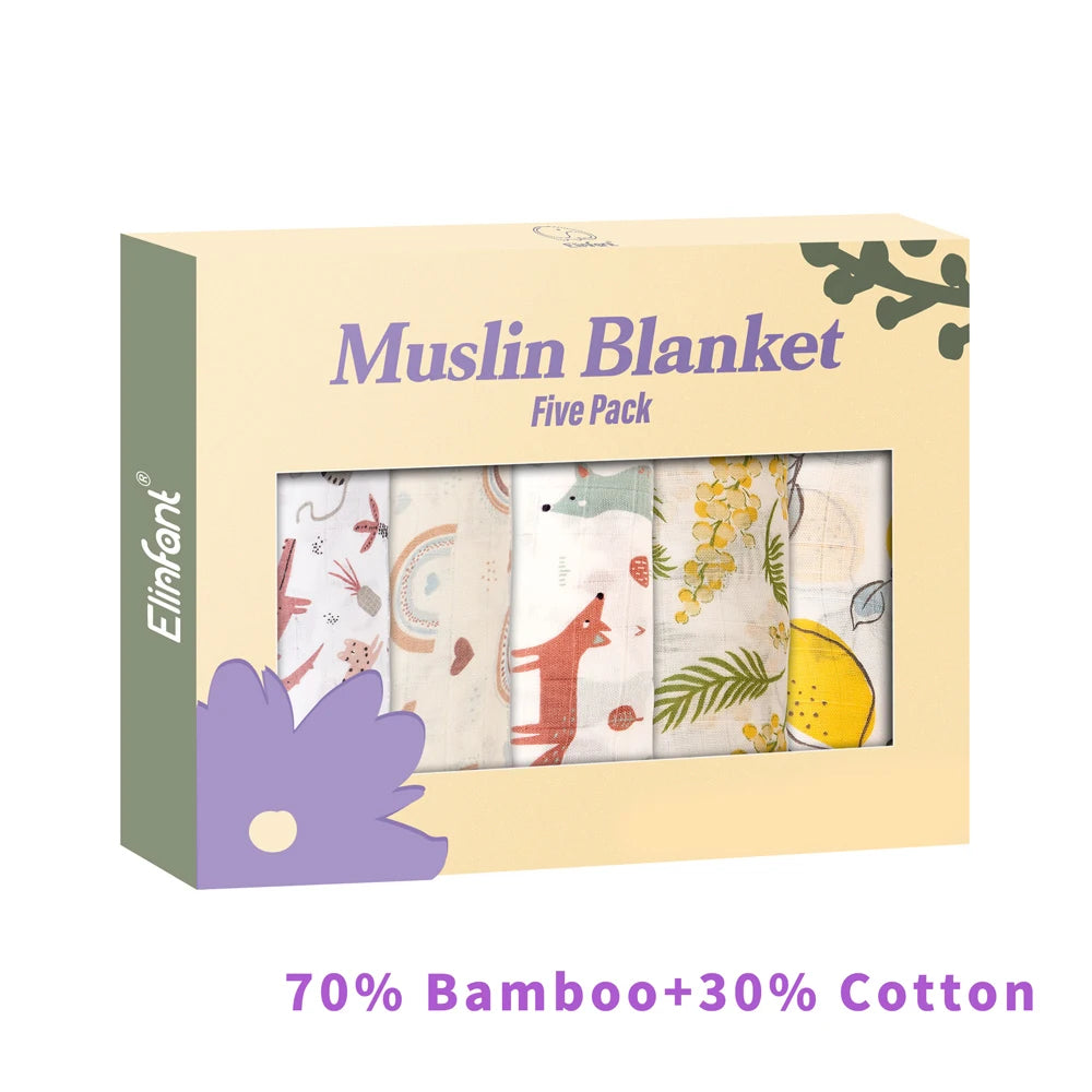 5PCS Gift Set Bamboo Cotton Muslin Bib & Burp Cloth – 60x60cm, 2 Layers Baby Scarf Handkerchief