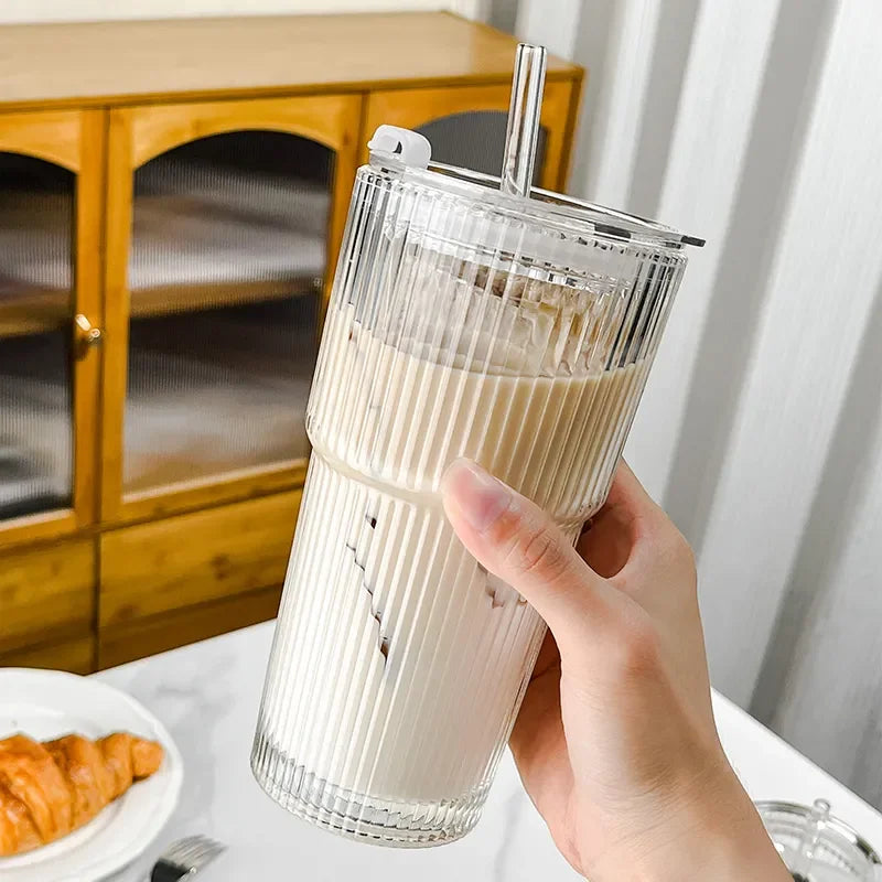 600ML Stripe Glass Coffee Cup with Lid and Straw – Transparent Drinking Glass for Juice, Milk, Tea, and Iced Coffee