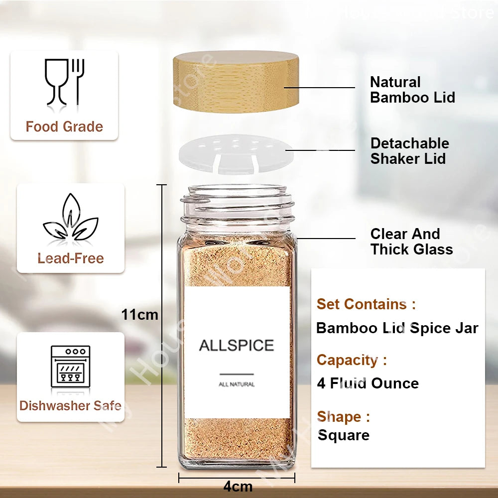 Glass Spice Jars with Bamboo Lid – Spice Seasoning Containers, Salt & Pepper Shakers, Spice Organizer Kitchen Spice Jar Set