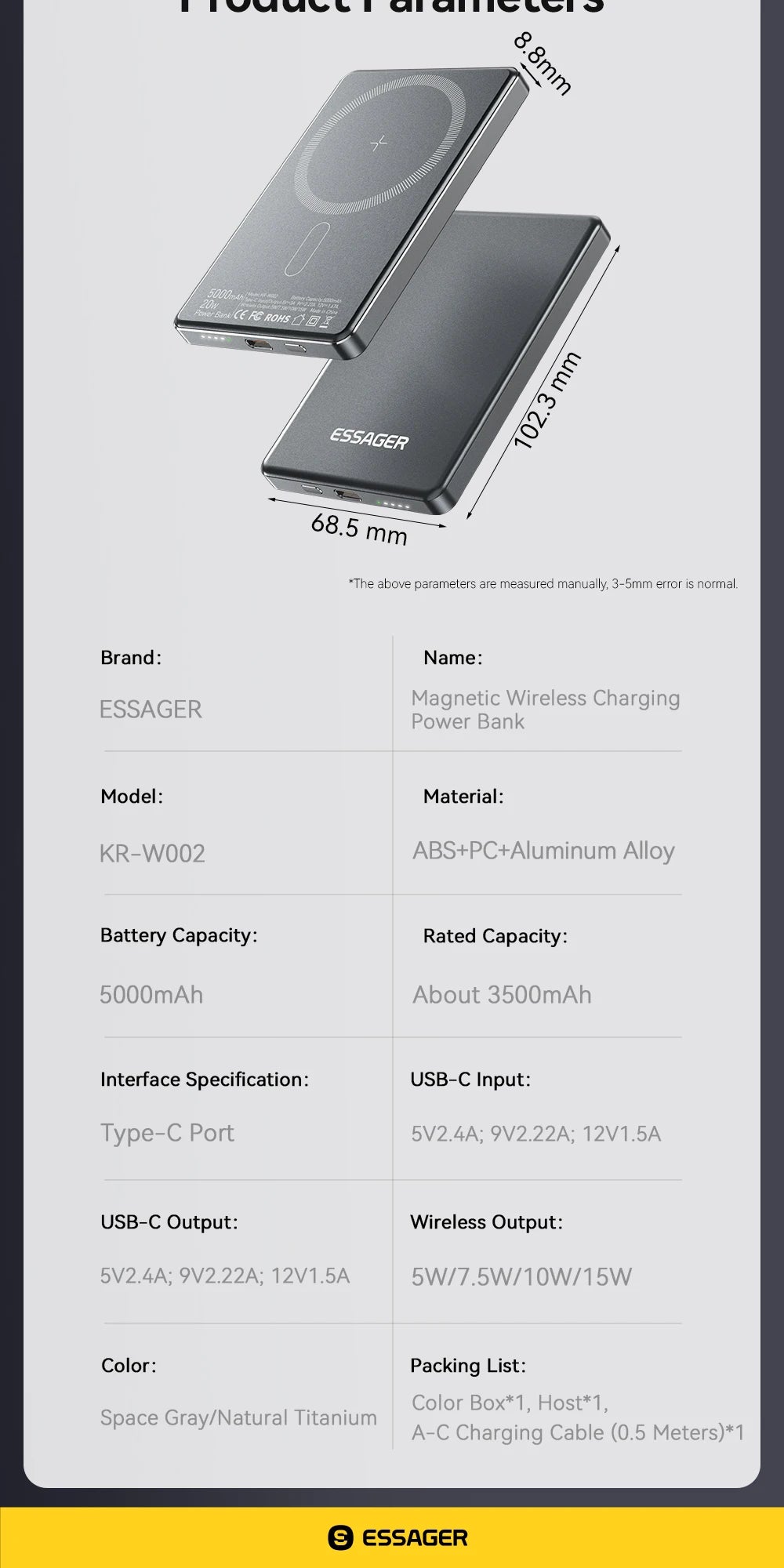 Essager 5000mAh Magnetic Wireless Power Bank – 20W Fast Charging for iPhone 16/15/14/13 (MagSafe Compatible)