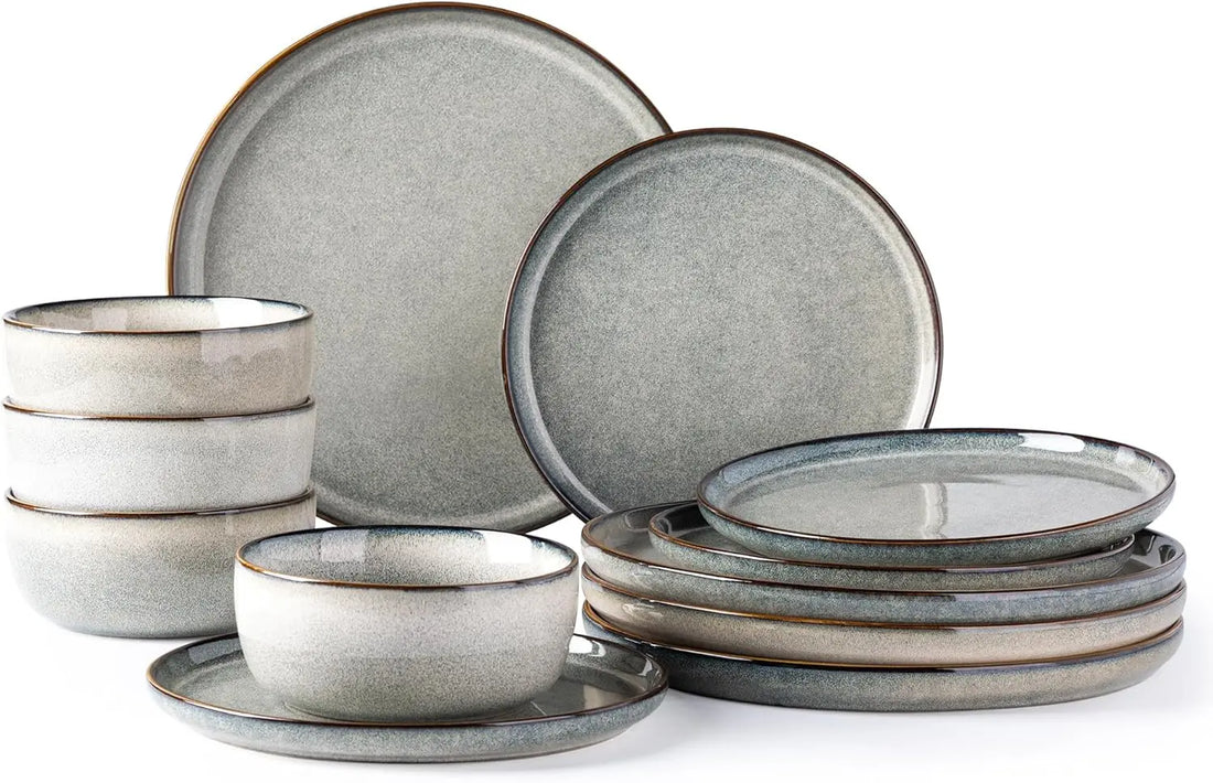 Ceramic Dinnerware Set for 4 – 12 Pieces Stoneware Plates and Bowls, Reactive Glaze, Scratch Resistant