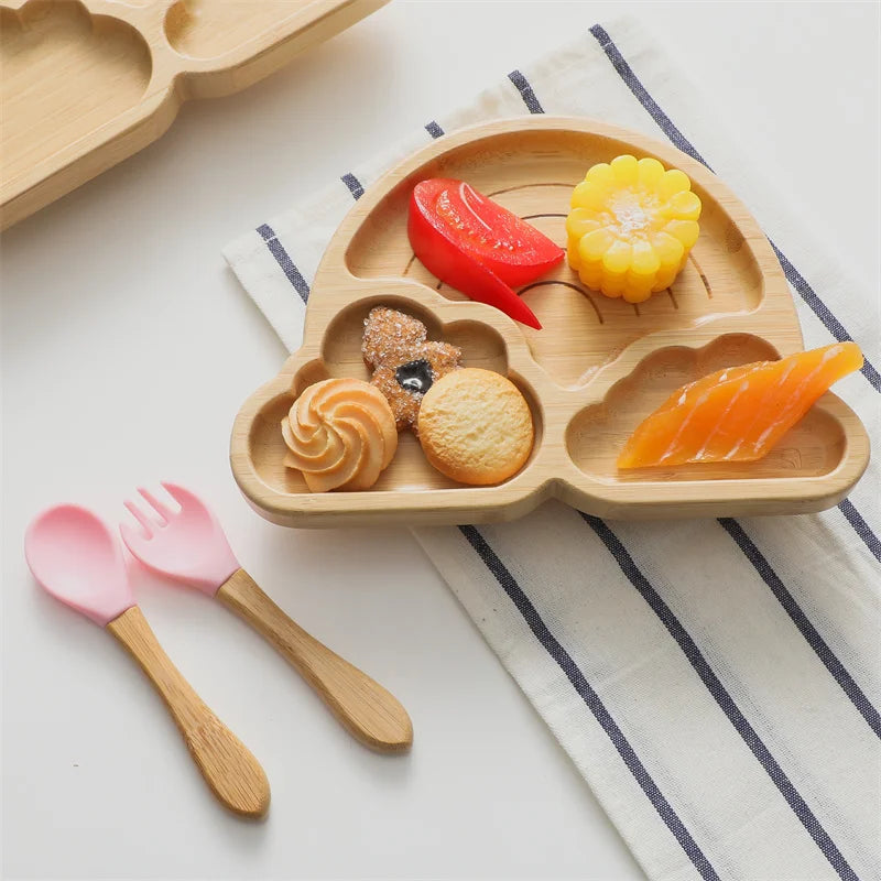 Baby Wooden Tableware Set - Bamboo Plate, Bowl, Fork & Spoon