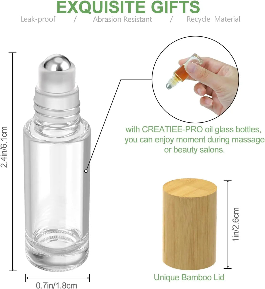 12pcs 10ml Glass Roll-On Bottles – Refillable Essential Oil & Perfume Bottles with Bamboo Lids