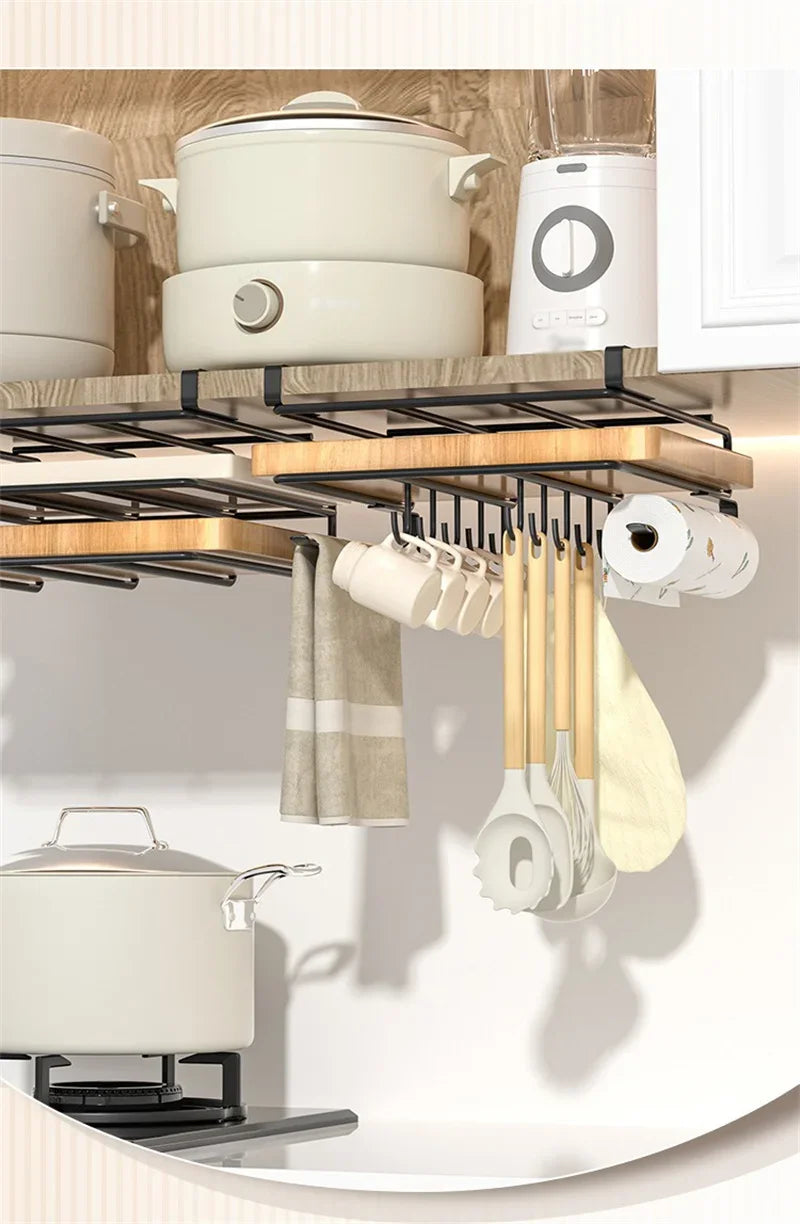 Stainless Steel Kitchen Hanging Organizer Rack – Hooks, Towel Bar, Pot Lid & Cutting Board Storage