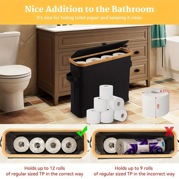 Bamboo Toilet Paper Holder with Lid – Enclosed Tissue Storage Box with Handle