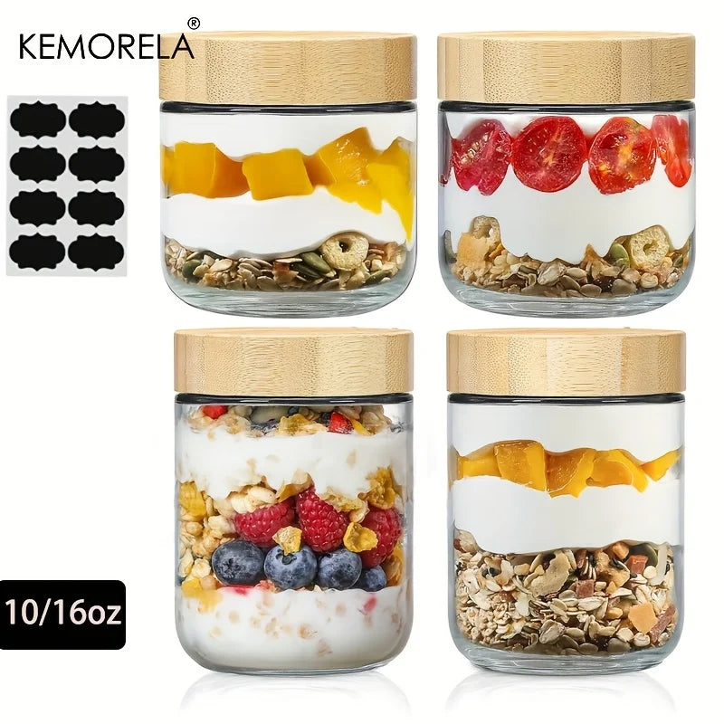 KEMORELA Glass Jars with Airtight Bamboo Lids – 2/4PCS, 290/470ML, Perfect for Overnight Oats and Salads
