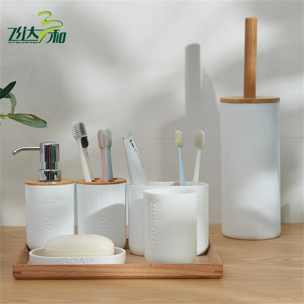White Simple Home Bathroom Supply Bamboo Soap Dish Mouthwash Cup Toothbrush Holder Storage bottle Wash Rack Bathroom Wash