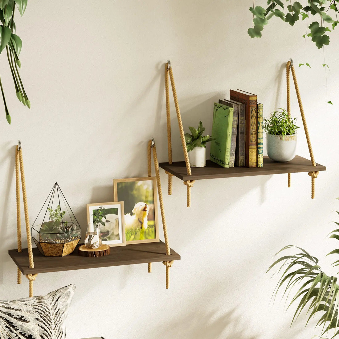 Boho Black Hanging Wall Shelves with Macrame Hanger