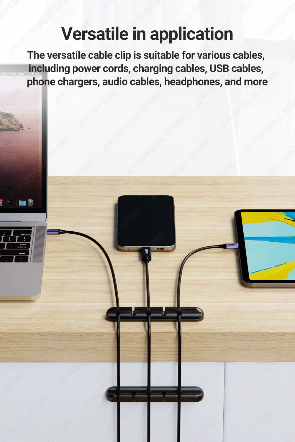 JEYI Adhesive Cable Clips – Cord Organizer for Desk, USB, Power & Charging Cables