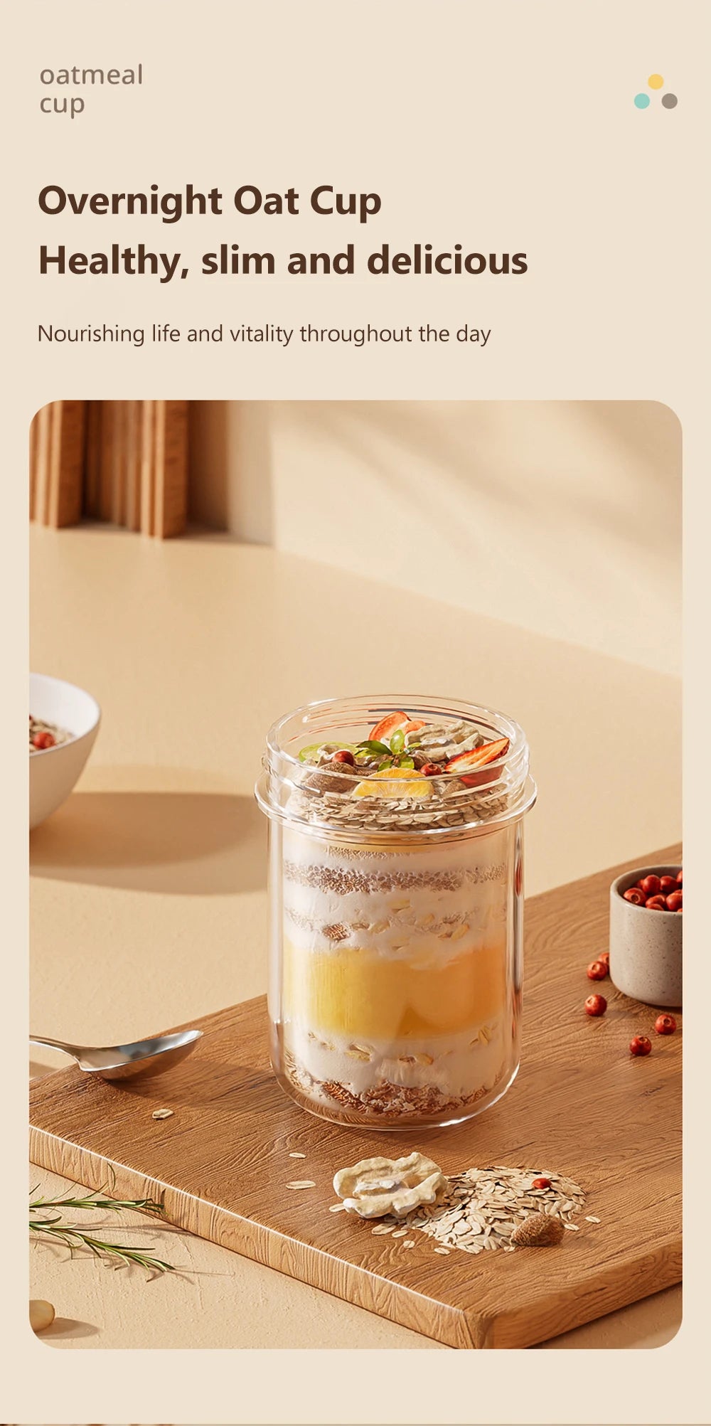 430ML New Breakfast Cup – Oatmeal, Cereal, Nut, Yogurt, and Salad Container with Lid & Spoon