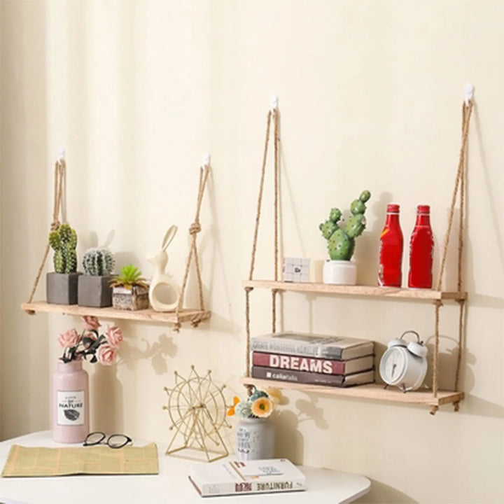 Wooden Hanging Rope Shelves – 1/2/3-Tier Wall Decor