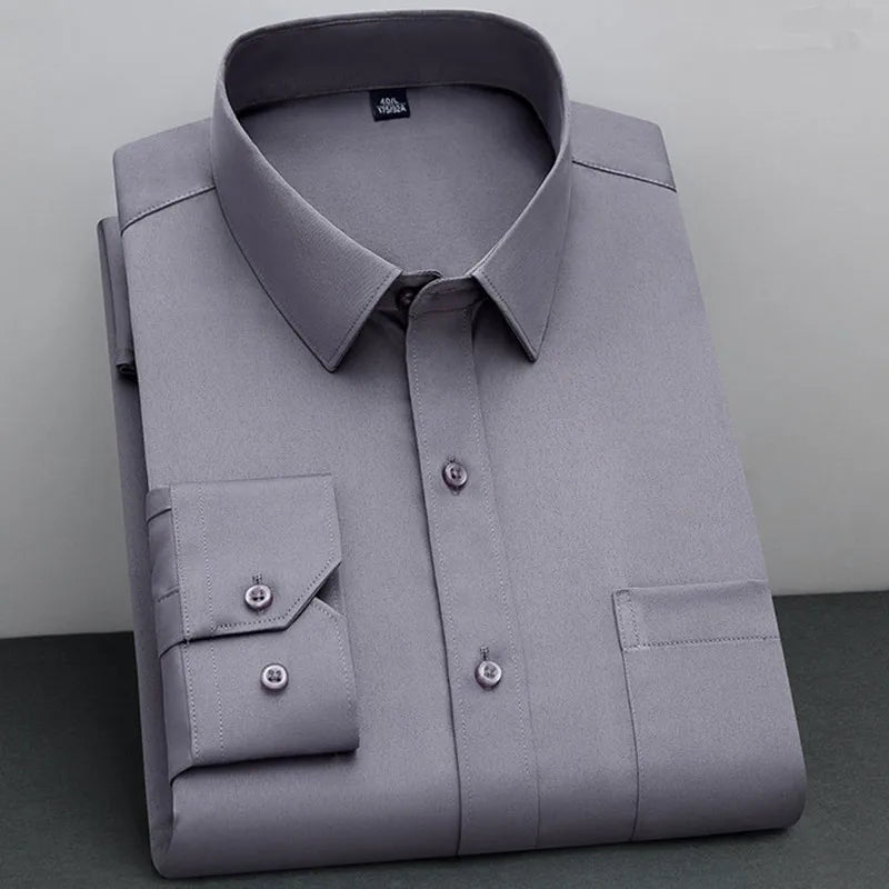 BAMBOOPLE New Fashion Non-Iron Shirt – Anti-Wrinkle Classic Solid Business Casual Long Sleeve Shirt for Men