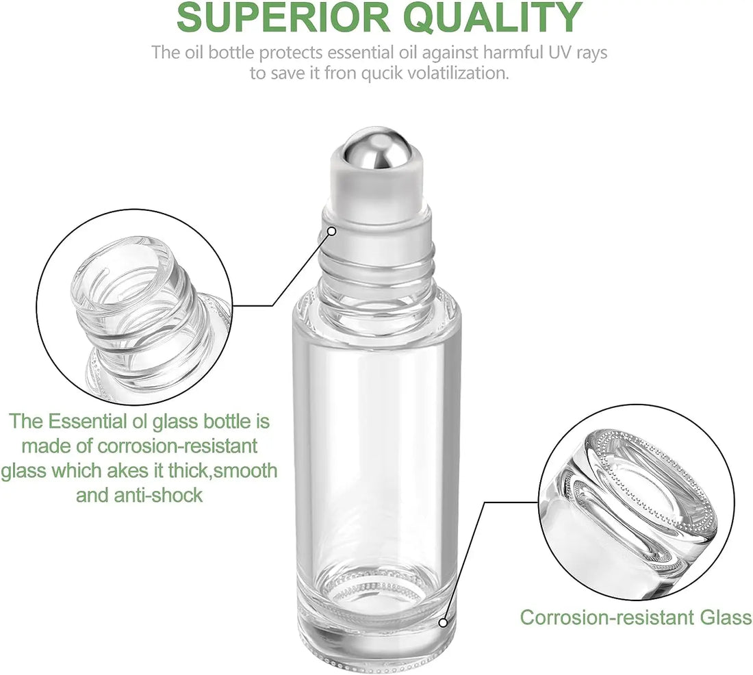 12pcs 10ml Glass Roll-On Bottles – Refillable Essential Oil & Perfume Bottles with Bamboo Lids