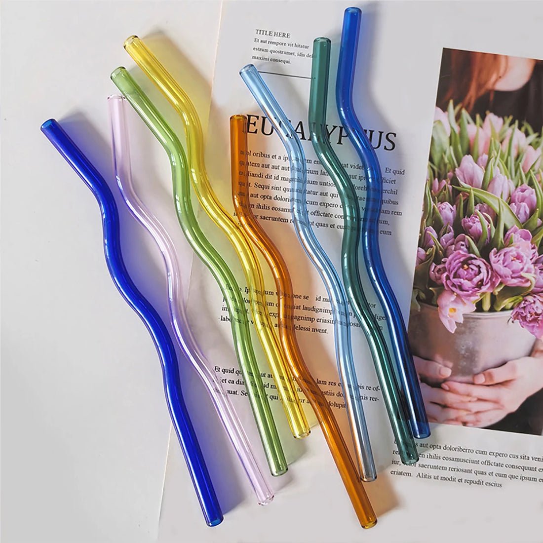 4PCS Wavy Glass Straws – Colorful Drinking Straw Set with Cleaning Brush