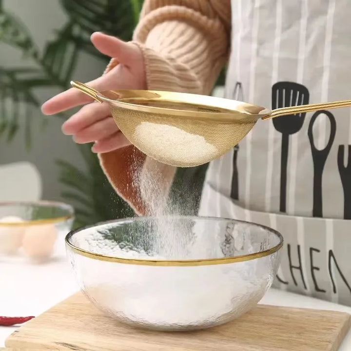 Stainless Steel Gold Mesh Egg Beater – Separate Oil Strainer, Flour Sifter, Sieve Colanders, Flour & Coffee Mesh Filter, Kitchen Bakeware