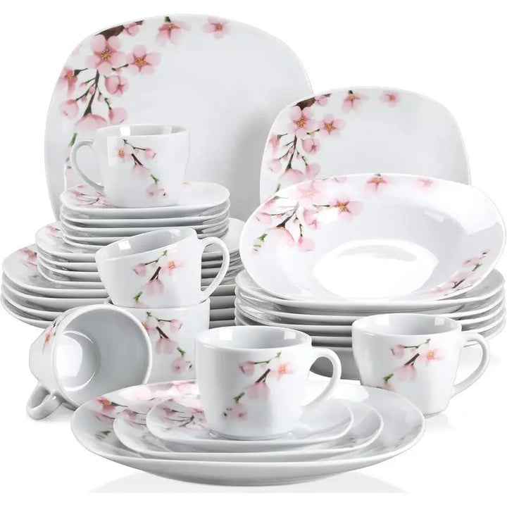 Porcelain Dinnerware Set – White Dish Set with Pink Floral Design for 4/6 People