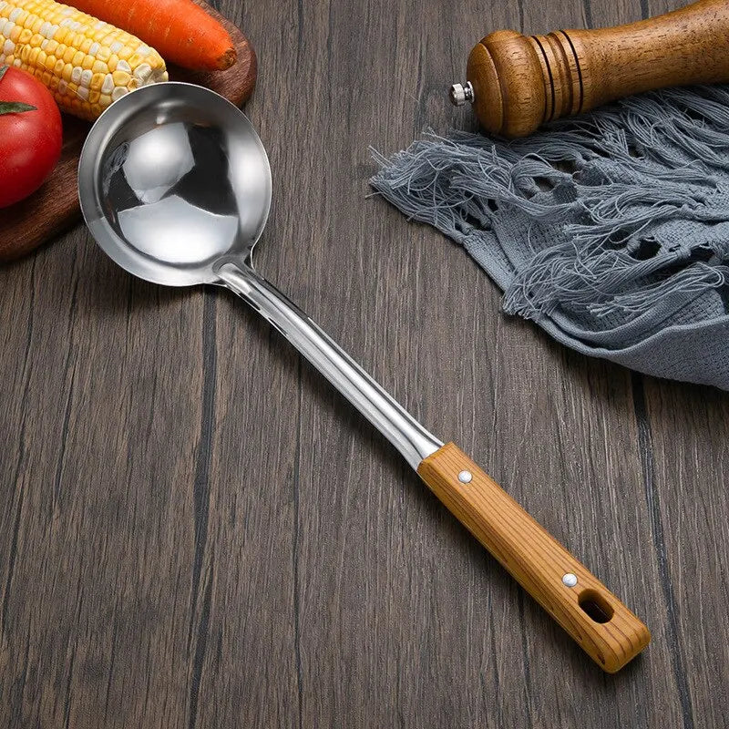 Stainless Steel Imitation Wood Grain Handle Spatula – Leaky Shovel Spoon, Set of 5 Kitchen Tools for Cooking