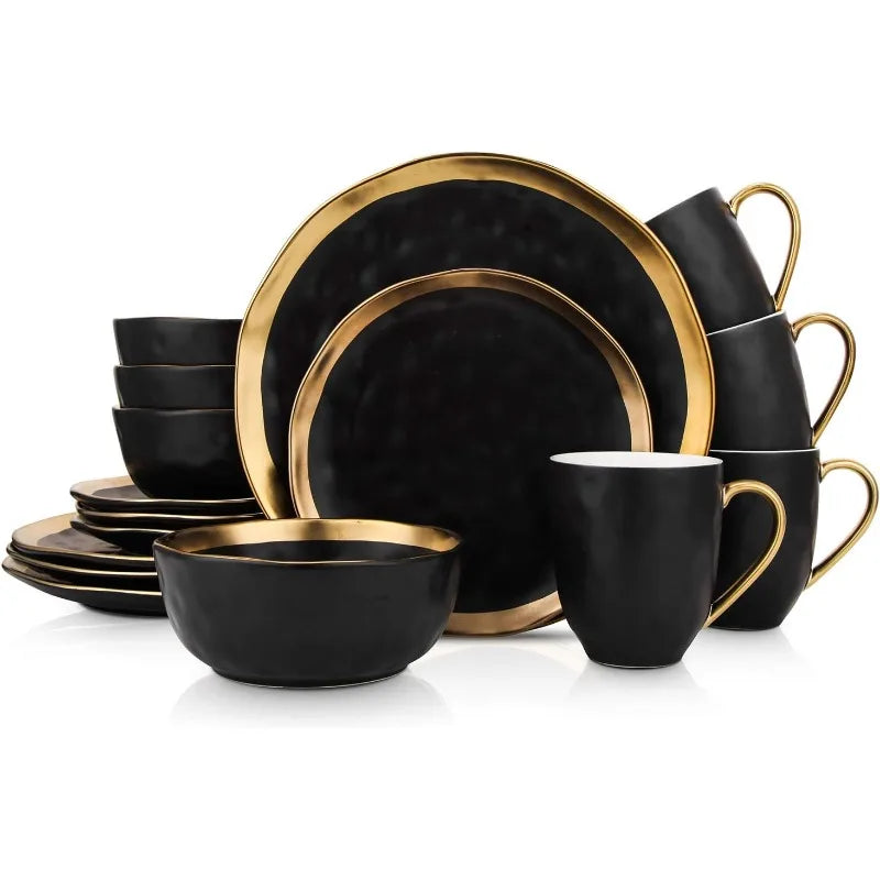 Florian Modern Porcelain 16-Piece Dinnerware Set – Green and Golden Rim, Plates and Bowls Set for 4
