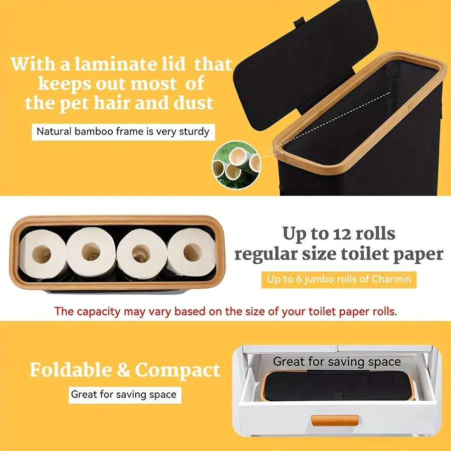 Bamboo Toilet Paper Holder with Lid – Enclosed Tissue Storage Box with Handle