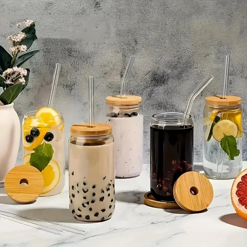 4/6-Piece Glass Cup Set – 17.8oz/550ml with Bamboo Lid and Straw – Mason Jar Water Cup