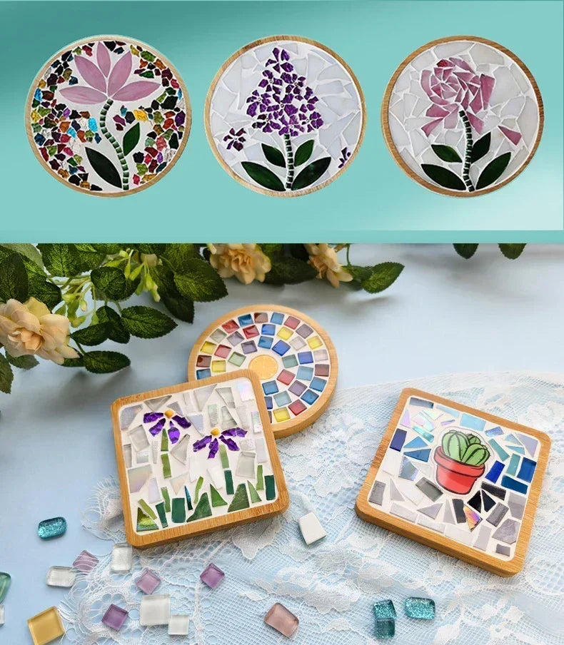 Handmade DIY Mosaic Cup Mat – Bamboo Pad Heart & Square Coaster for Parent-Child Early Education Crafting