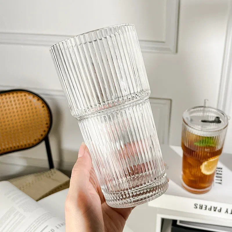 600ML Stripe Glass Coffee Cup with Lid and Straw – Transparent Drinking Glass for Juice, Milk, Tea, and Iced Coffee