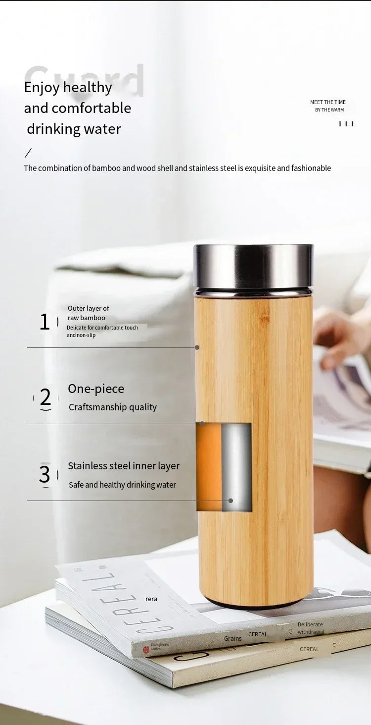 Stainless Steel Bamboo Thermos – 16oz Vacuum Insulated Water Bottle with Flip Lid