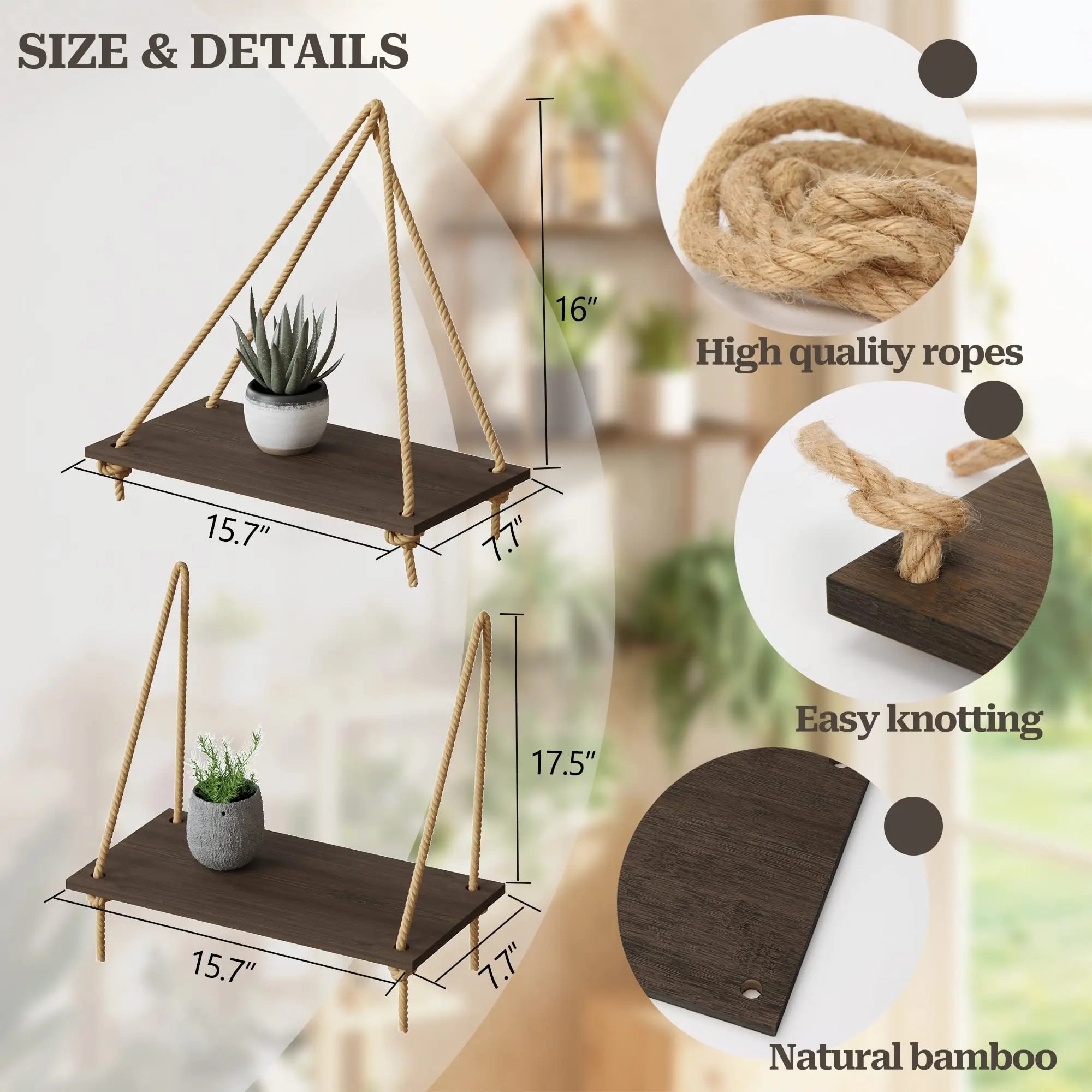 Boho Black Hanging Wall Shelves with Macrame Hanger