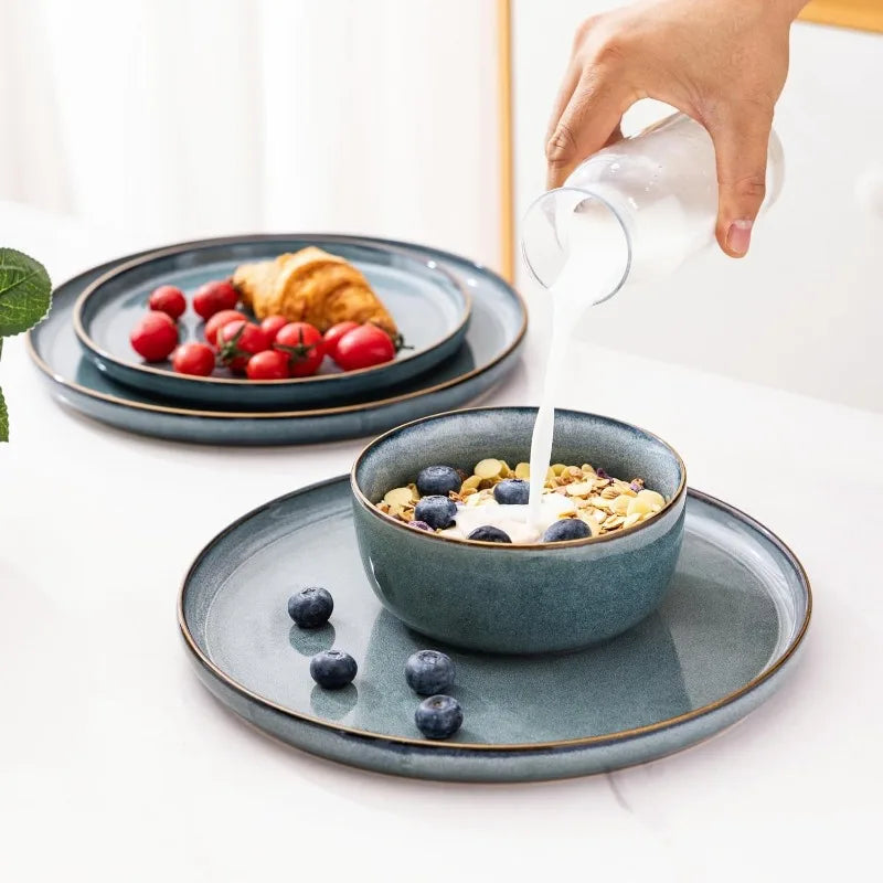 Ceramic Dinnerware Set for 4 – 12 Pieces Stoneware Plates and Bowls, Reactive Glaze, Scratch Resistant