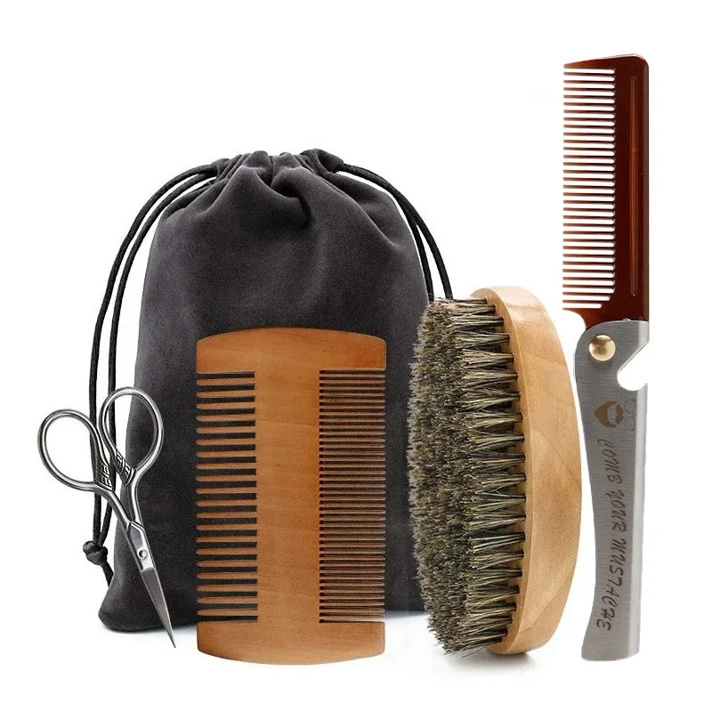 Men’s Shaving Brush Set – Boar Bristle Beard Grooming Kit with Comb & Scissors
