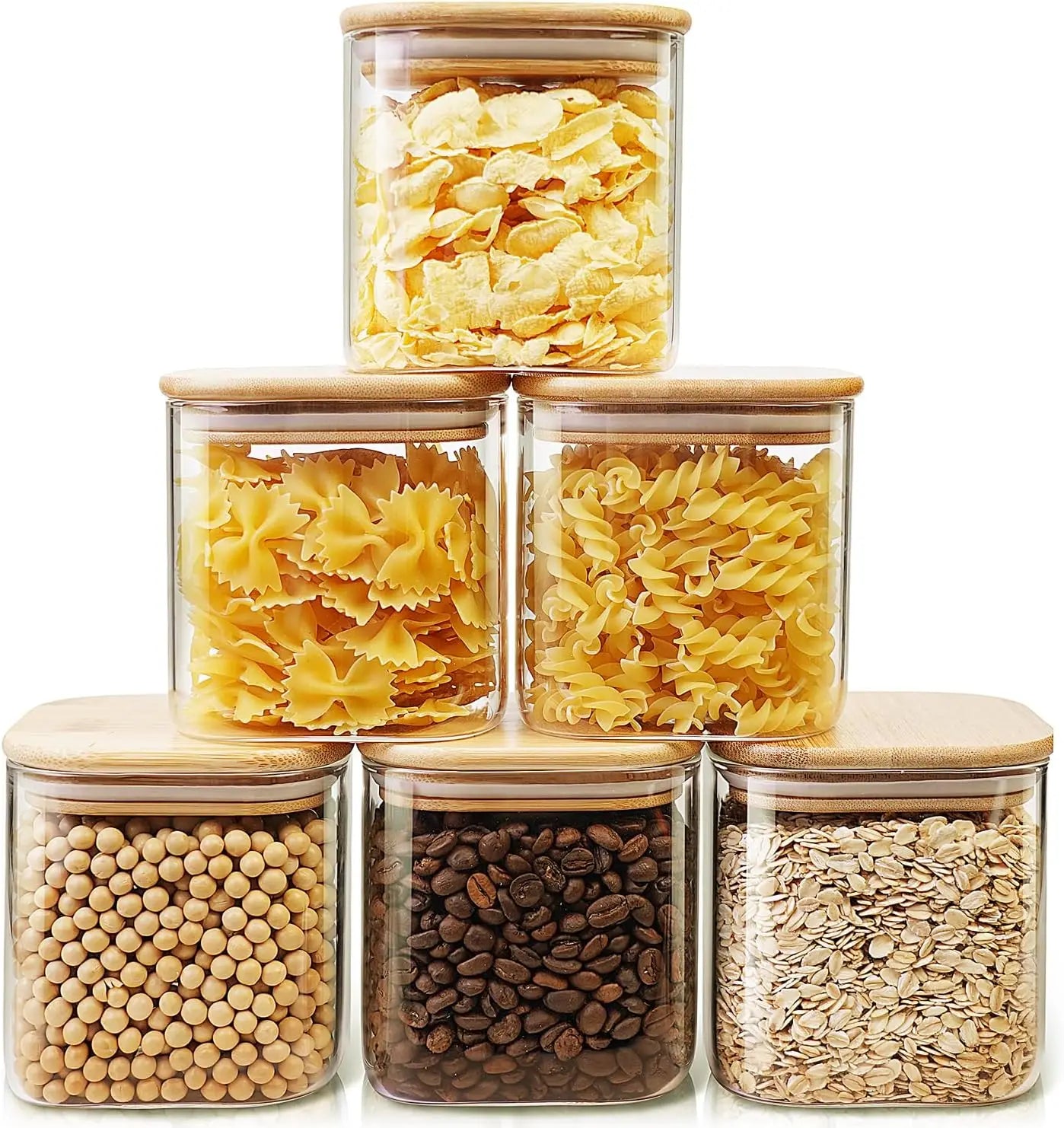 Square Glass Jars with Bamboo Lids – 27 FL OZ [Set of 6], Airtight Glass Food Storage Containers for Coffee, Spices, and Pantry Organization