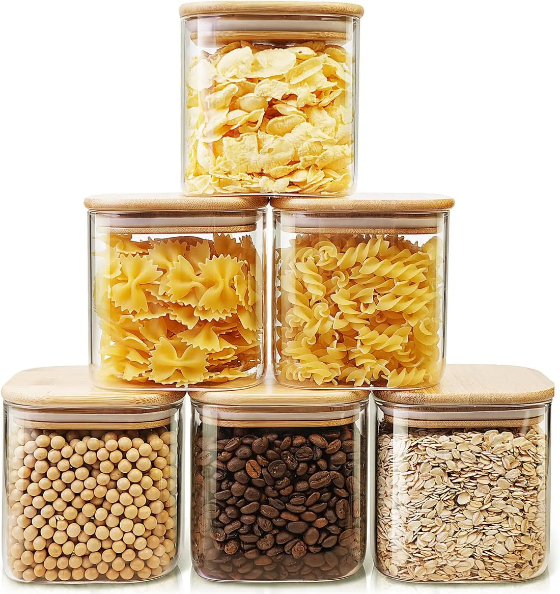Square Glass Jars with Bamboo Lids – 27 FL OZ [Set of 6], Airtight Glass Food Storage Containers for Coffee, Spices, and Pantry Organization