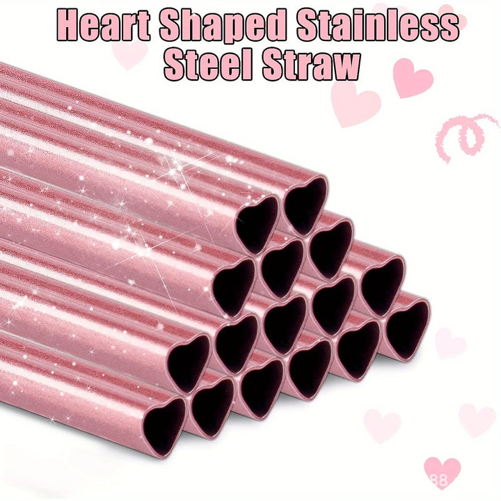 Heart-Shaped Pink Metal Straw Set – 304 Stainless Steel with Cleaning Brush
