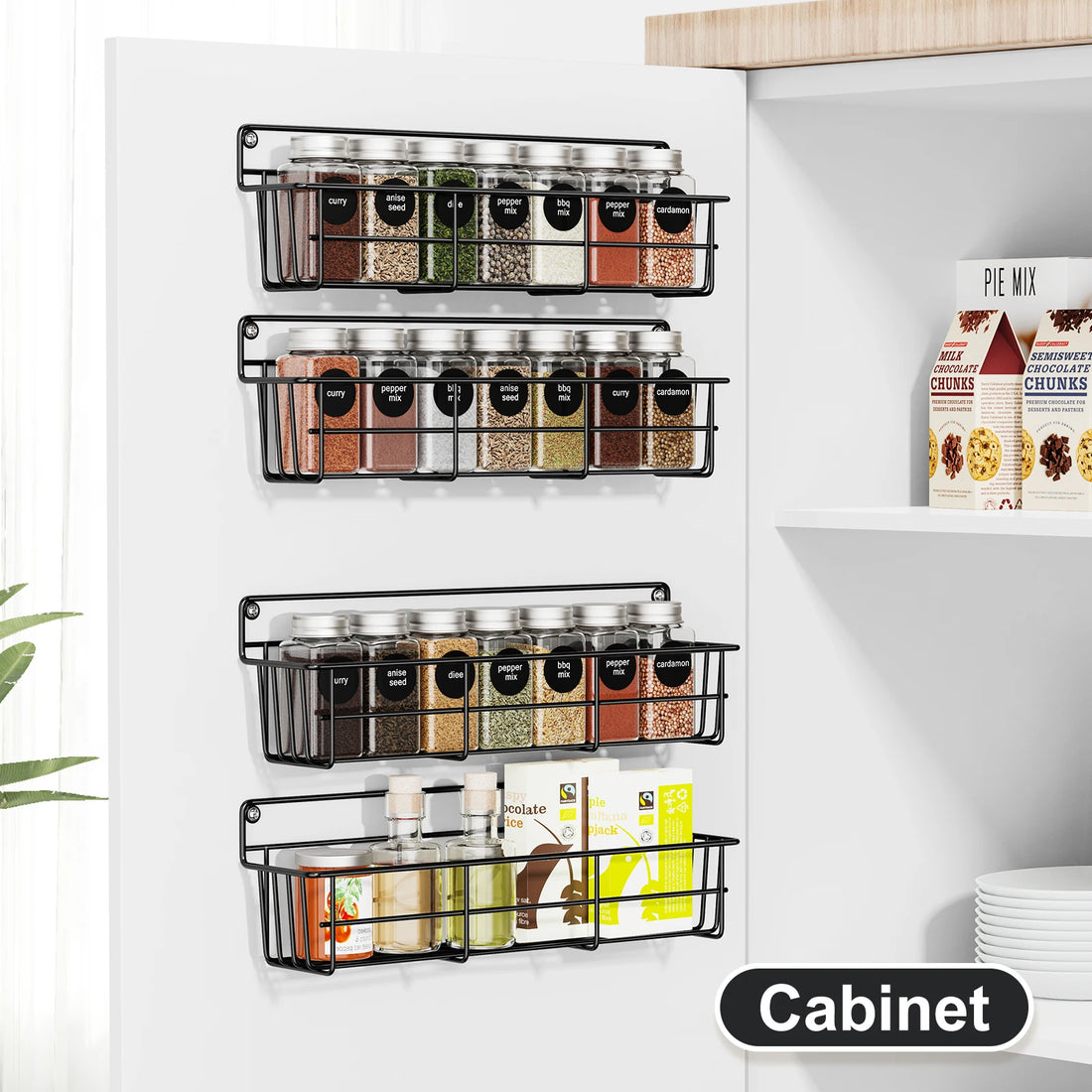 4PCS Kitchen Spice Organizers – Wall Mount Hanging Pantry Shelf, Multilayer Seasoning Rack for Cabinet, Black Metal Basket