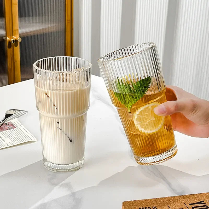 600ML Stripe Glass Coffee Cup with Lid and Straw – Transparent Drinking Glass for Juice, Milk, Tea, and Iced Coffee