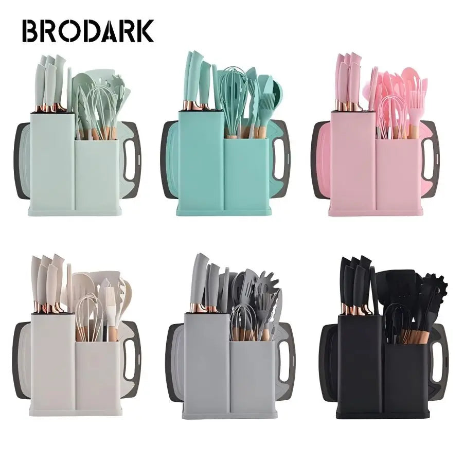 19PCS Food Grade Silicone Kitchenware Set – Cooking Spoons, Shovel, Cutting Board, Knives & More