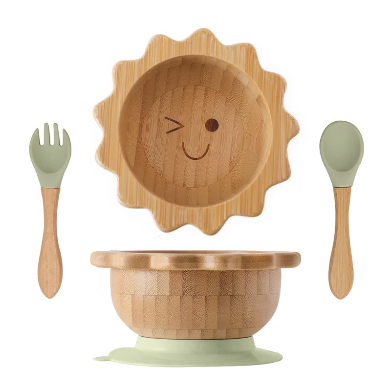 Baby Wooden Tableware Set - Bamboo Plate, Bowl, Fork & Spoon