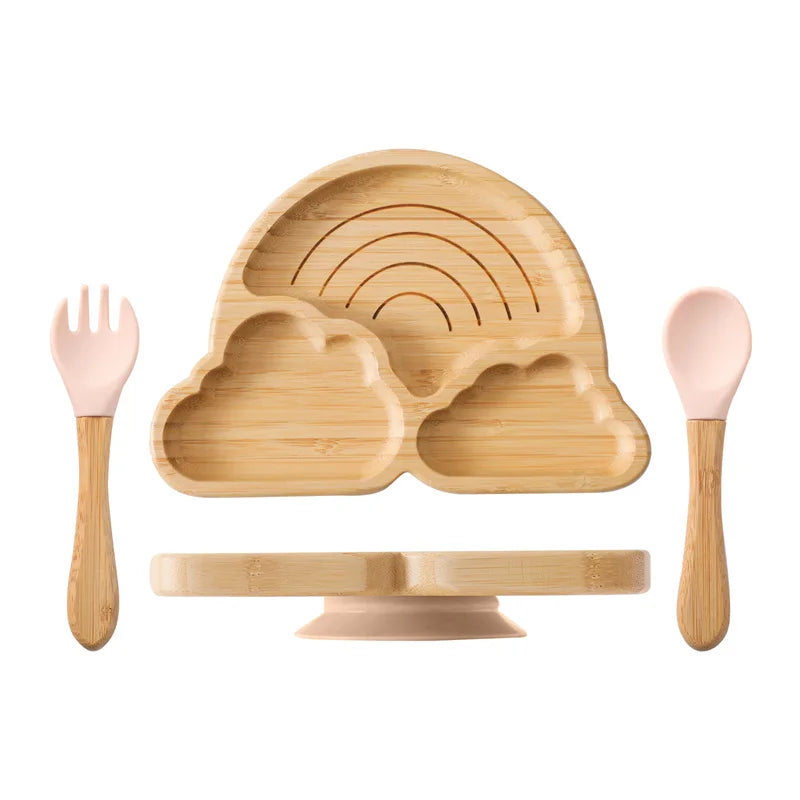 Baby Wooden Tableware Set - Bamboo Plate, Bowl, Fork & Spoon