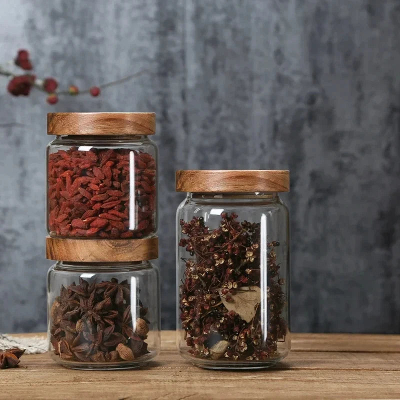 Wood Lid Glass Airtight Canister – Kitchen Storage Jar Set
