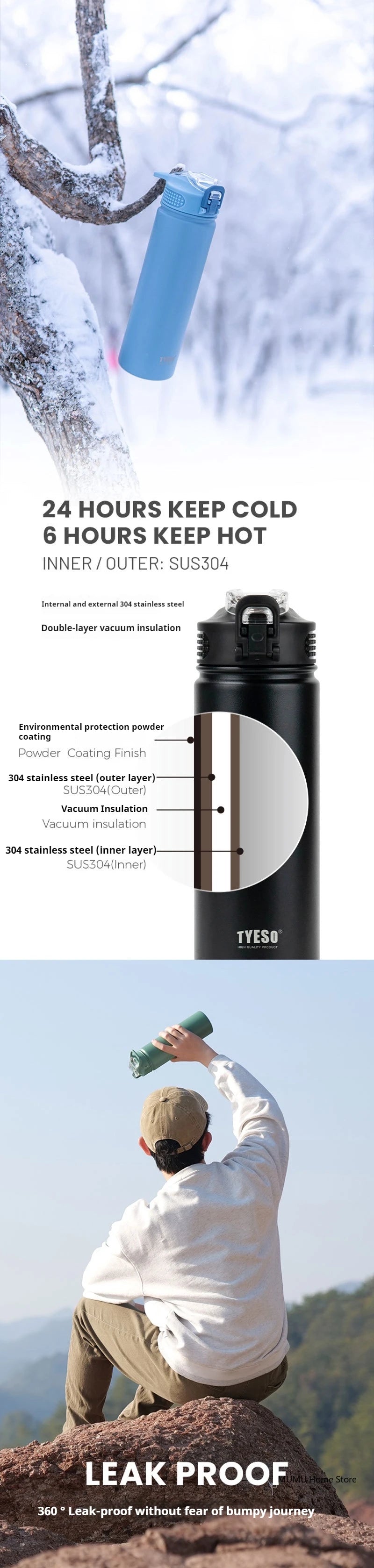 TYESO Stainless Steel Vacuum Bottle – 600/750ml