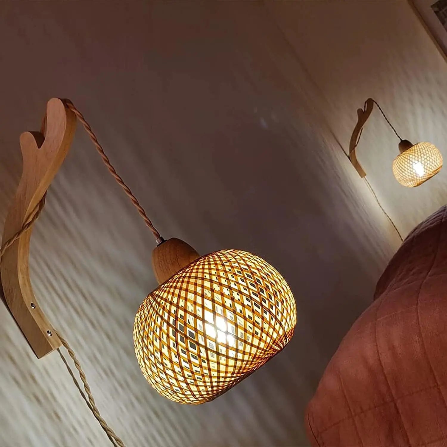 Bamboo Rattan Wall Lamp – Handwoven Natural Wicker Light Fixture with E27 Socket