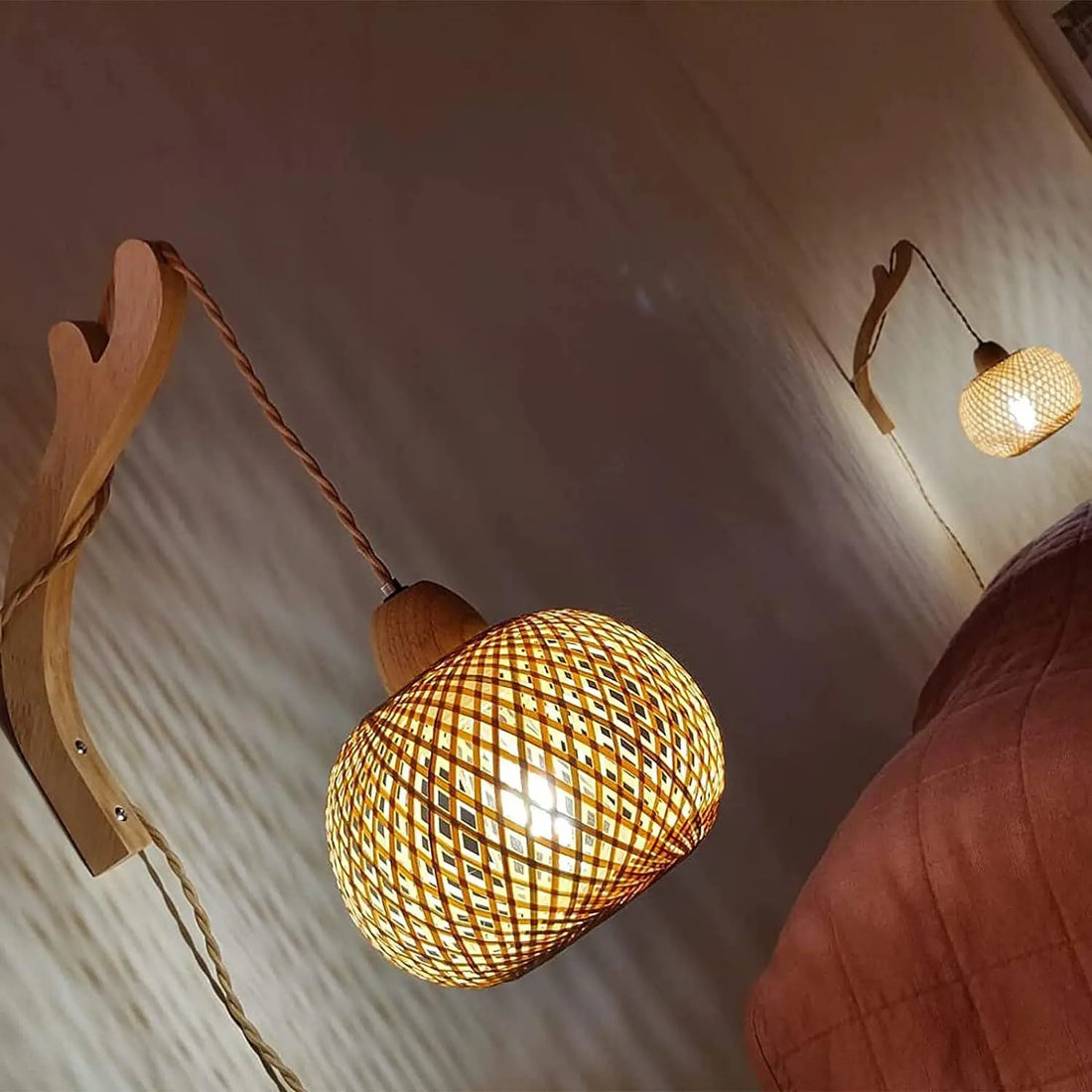 Bamboo Rattan Wall Lamp – Handwoven Natural Wicker Light Fixture with E27 Socket