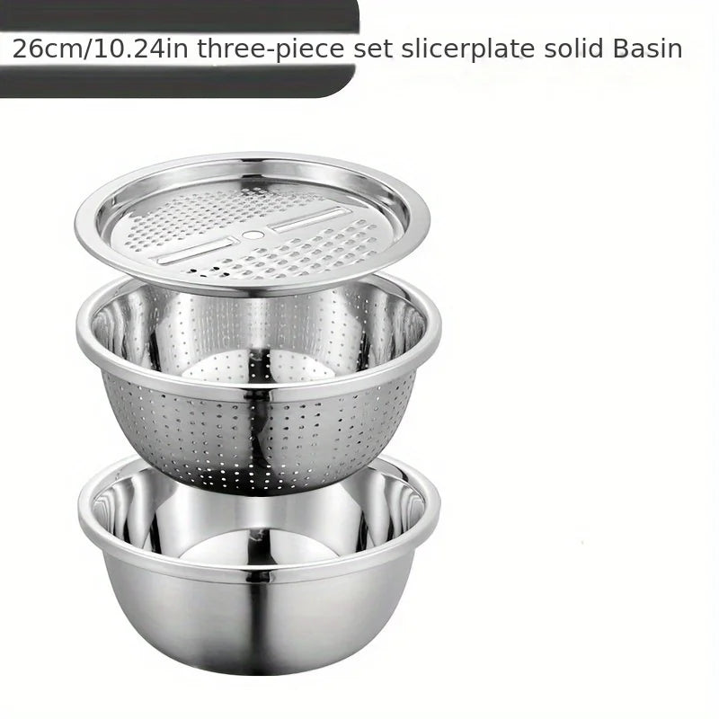 3-Piece Stainless Steel Kitchen Bowl Covers – Multifunctional Mixing Bowl, Planer, Detachable Multi-Layer Slicing Set