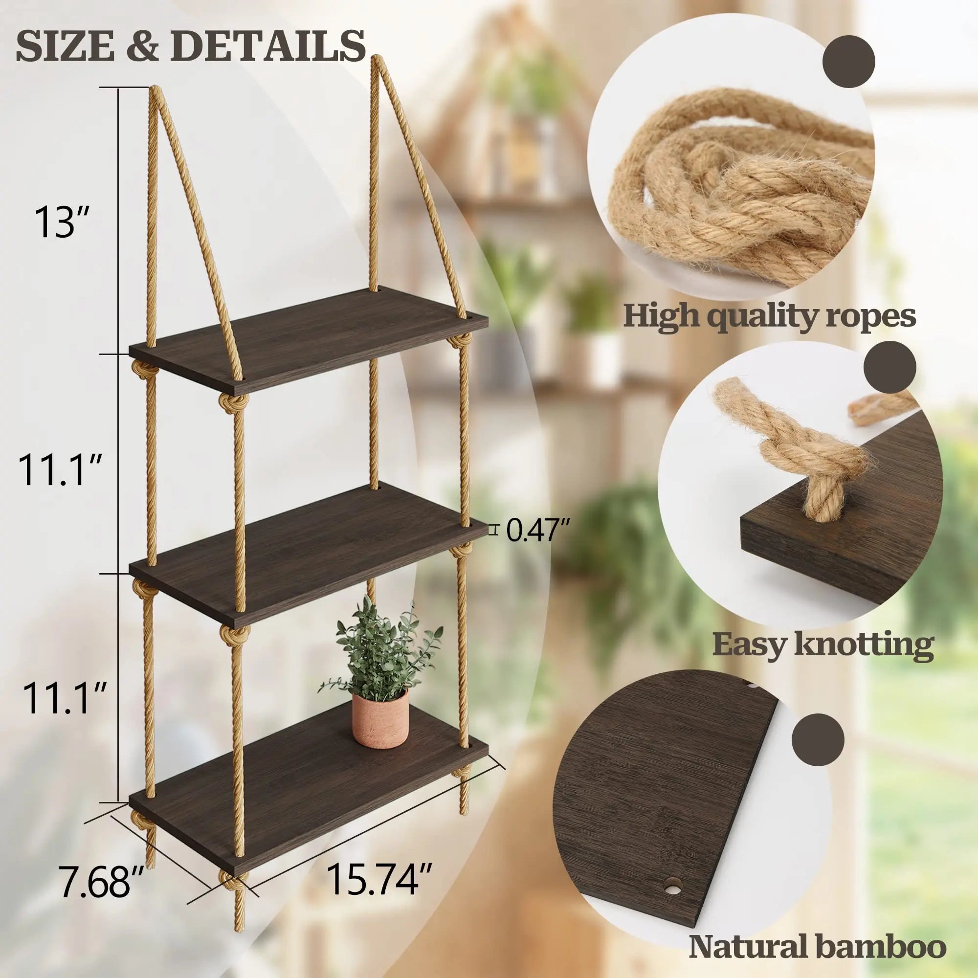 Boho Black Hanging Wall Shelves with Macrame Hanger