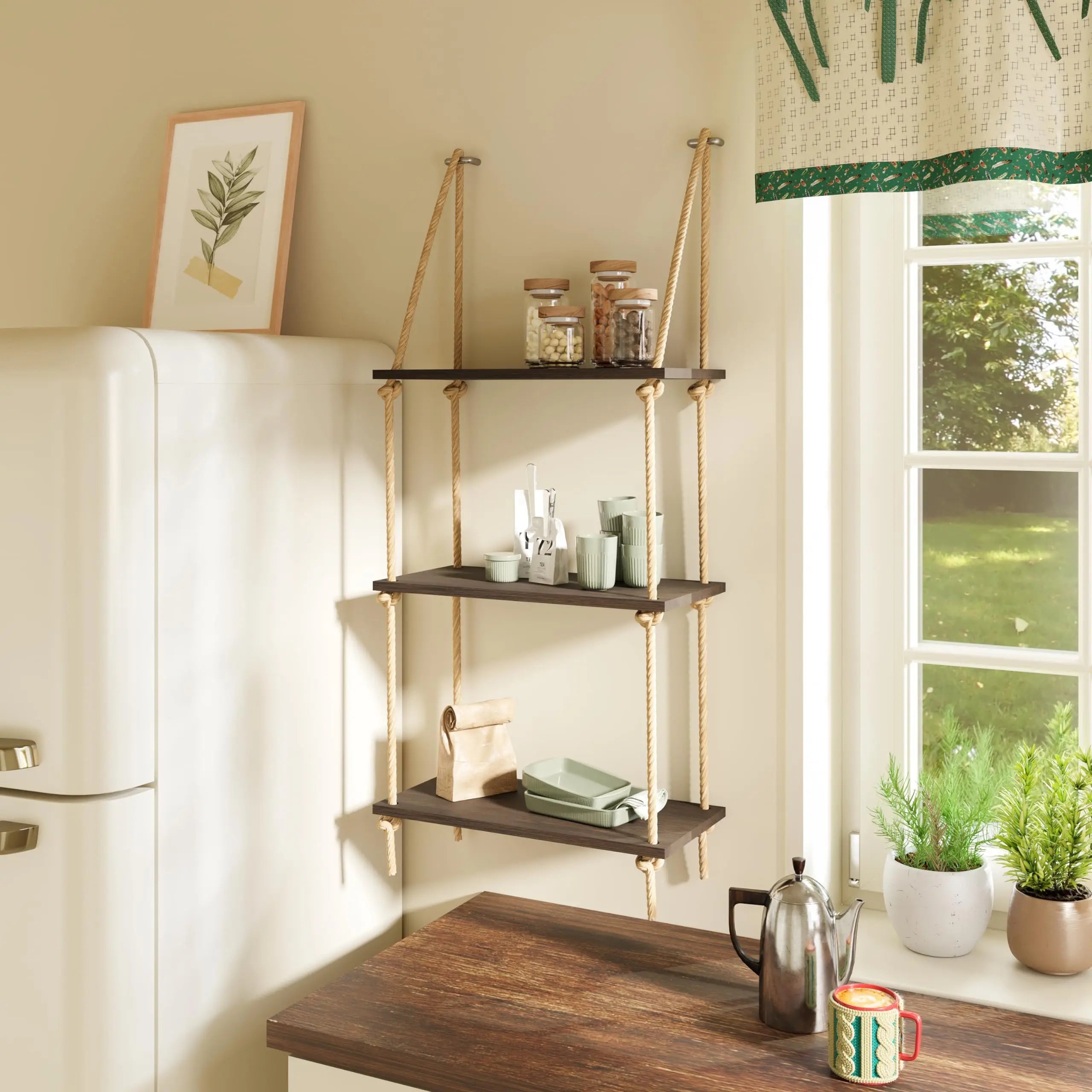 Boho Black Hanging Wall Shelves with Macrame Hanger