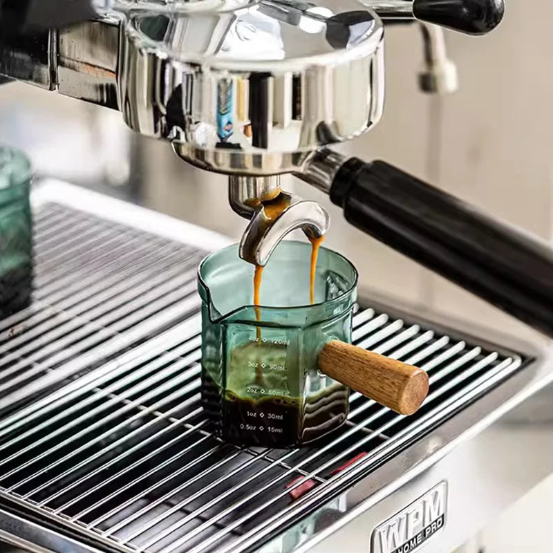 120ml Glass Espresso Measuring Cup – Hexagon Milk Jug with Wood Handle for Coffee, Sauce, and Serving