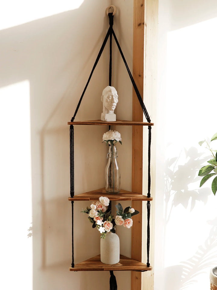 Wooden Corner Macramé Shelf – Boho Wall Display Stand for Plants & Home Décor