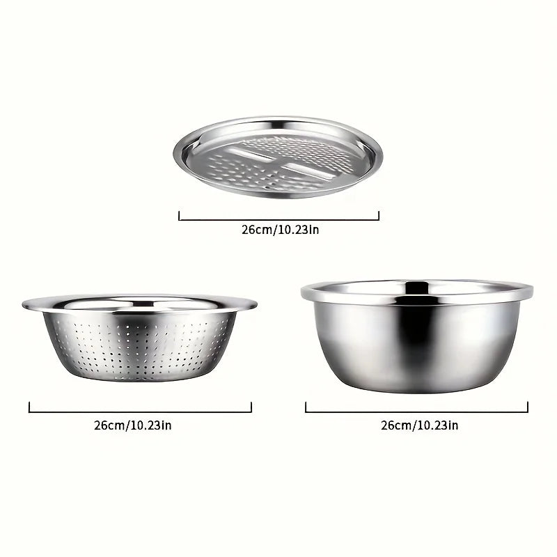 3-Piece Stainless Steel Kitchen Bowl Covers – Multifunctional Mixing Bowl, Planer, Detachable Multi-Layer Slicing Set