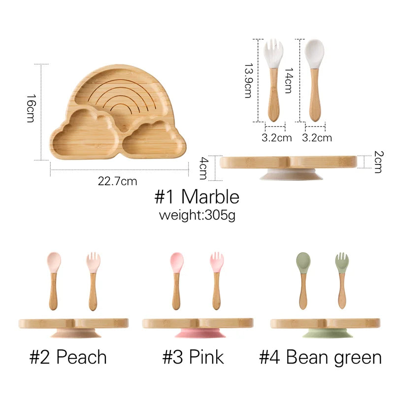 Baby Wooden Tableware Set - Bamboo Plate, Bowl, Fork & Spoon